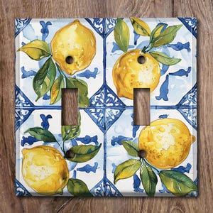 May include: A light switch cover with a blue and white tile pattern featuring yellow lemons and green leaves.