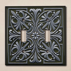 Metal Light Switch Cover | Outlet Plate, Grey Green Decorative Art Nouveau, Printed Image of Rusted Metal, Flat Not Embossed, NOU048