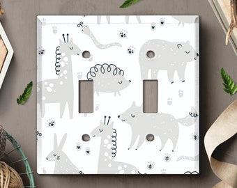 Metal Light Switch Cover, Light Switch Plate, Outlet Cover, Wall Plate Home Decor, Cute Animals Gray Tranquil White Pattern ZOO001