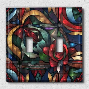 Metal Light Switch Cover, Light Switch Plate, Outlet Cover, Wall Plate, Home Decor, Colorful Floral Decor, Image of Stained Glass, GLA051