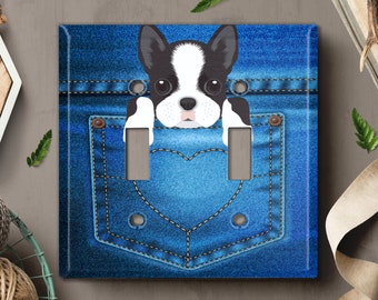Metal Light Switch Cover, Light Switch Plate, Outlet Cover, Wall Plate Home Decor, Cute Pocket Puppy Dog Boston Terrier Blue DOG008