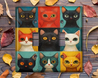 Peut inclure: Une plaque de prise de courant avec un collage coloré de neuf chats différents. Chaque chat a une expression unique et est représenté dans un schéma de couleurs différent. Les chats sont disposés en grille, chaque carré ayant une couleur de fond différente.