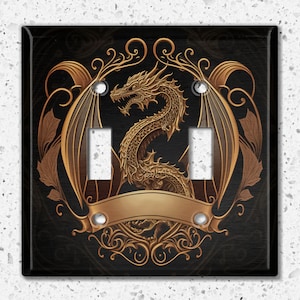 Metal Light Switch Cover, Light Switch Plate, Outlet Cover, Wall Plate, Home Decor Idea, Rustic Dragon Crest, Oriental Dragon Crest DGN002