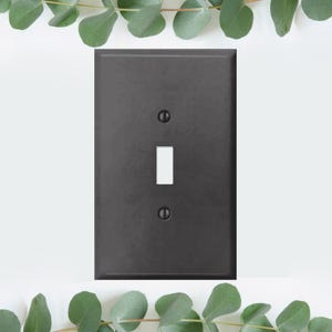 May include: A single-gang, black, metal light switch plate with a single toggle switch.