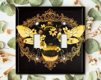 Metal Light Switch Cover, Light Switch Plate, Outlet Cover, Wall Plate Home Decor, Butterfly Bee Sunflowers Yellow Frame BUT012