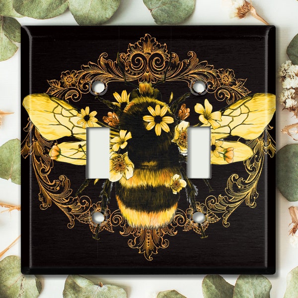 Metal Light Switch Cover, Light Switch Plate, Outlet Cover, Wall Plate Home Decor, Butterfly Bee Sunflowers Yellow Frame BUT012