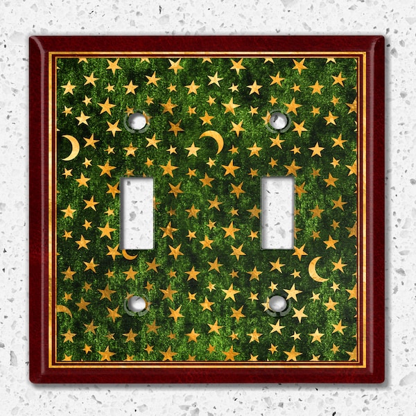 Metal Light Switch Cover, Light Switch Plate, Outlet Cover, Wall Plate Home Decor, Elegant Green Maroon Crescent Moon Star Pattern FRA028