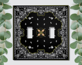 Metal Light Switch Cover, Light Switch Plate, Outlet Cover, Wall Plate Home Decor, Black Bandanna Flower Rug Tile Pattern TIL074