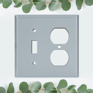 May include: A gray metal electrical outlet and light switch cover plate. The plate has a single light switch and a double outlet.