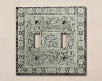 Metal Light Switch Cover | Light Switch Plate, Outlet Cover, Wall Plate, Home Decor, Rustic Floral Design, Vintage Green Tile Decor TIL138
