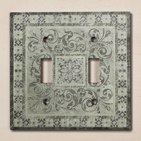 Metal Light Switch Cover | Outlet Plate, Vintage Green Tile Decor, Printed Image of Rustic Floral Metal / Flat Not Embossed, TIL138