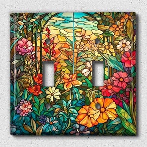 Metal Light Switch Cover | Light Switch Plate, Outlet Cover, Wall Plate, Home Decor, Colorful Floral Art, Image of Stained Glass, GLA034