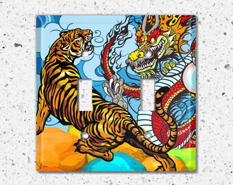 Metal Light Switch Cover, Light Switch Plate, Outlet Cover, Wall Plate Home Decor,  Dragon Tiger Battle