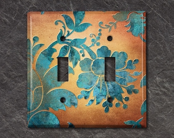 Metal Light Switch Cover | Light Switch Plate, Wall Plate Home Decor, Flower Patina Copper Print, Image of Copper, MET036