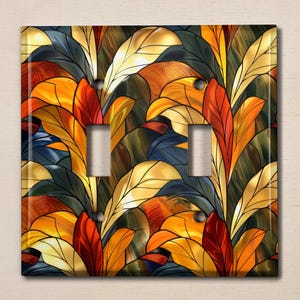 Metal Light Switch Cover | Light Switch Plate, Outlet Cover, Wall Plate, Home Decor, Colorful Leaf Decor, Image of Stained Glass, GLA049