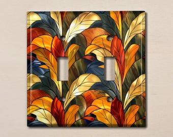 Metal Light Switch Cover | Light Switch Plate, Outlet Cover, Wall Plate, Home Decor, Colorful Leaf Decor, Image of Stained Glass, GLA049