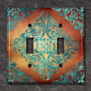 Metal Light Switch Cover, Light Switch Plate, Wall Plate Home Decor, Flower Patina Copper Print, Image of Copper, MET034
