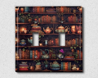 May include: A light switch cover featuring a whimsical design of a bookshelf filled with books, teacups, and teapots. The bookshelf is decorated with vines and flowers. The switch cover is made from durable plastic and is easy to install.