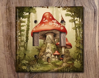 Metal Light Switch Cover | Light Switch Plate, Outlet Cover, Wall Plate, Home Decor Idea, Fantasy Forest, Fantasy Mushroom House, MSR006