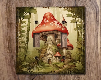 Metal Light Switch Cover, Light Switch Plate, Outlet Cover, Wall Plate, Home Decor Idea, Fantasy Forest, Fantasy Mushroom House, MSR006