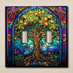 Metal Light Switch Cover | Light Switch Plate, Outlet Cover, Wall Plate, Home Decor, Majestic Colorful Tree, Stained Glass Image, TRE015