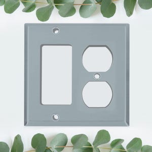 May include: A gray plastic wall plate with a single light switch and a double electrical outlet.