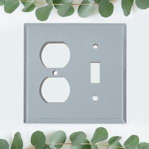 May include: A square, light gray electrical wall plate with two outlet holes, a single light switch opening, and two screw holes. The plate is surrounded by green eucalyptus leaves.