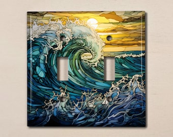 May include: A stained glass style light switch cover featuring a blue and green wave crashing against a yellow sunset background.