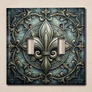 Metal Light Switch Cover | Light Switch Plate, Outlet Cover, Wall Plate, Image of Rustic Metal, Rustic Teal French Fleur De Lis Decor MET091
