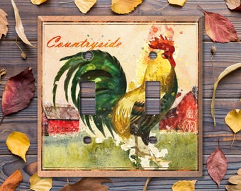 Metal Light Switch Cover, Light Switch Plate, Outlet Cover, Wall Plate Home Decor, Kitchen Green Rooster Farm ANM010