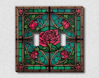 Metal Light Switch Cover | Light Switch Plate, Outlet Cover, Wall Plate, Home Decor, Red Rose Decor, Image of Stained Glass, FLW549
