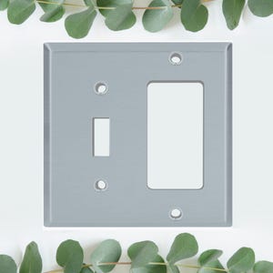 May include: A gray metal light switch and outlet cover plate. The plate has a single toggle switch and a single outlet.