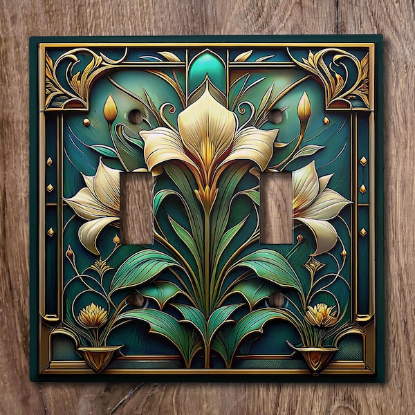Cubierta metálica para interruptor de luz / Placa para interruptor de luz, Cubierta para tomacorriente, Placa de pared, Elegante diseño de flores de lirio, Decoración floral en tonos amarillo y verde azulado, FLW701