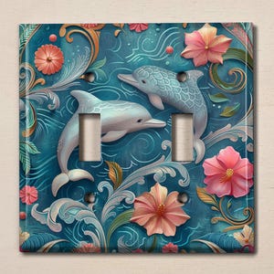 Metal Light Switch Cover | Outlet Plate, Pink Floral Dolphin Ocean Decor, SEA185