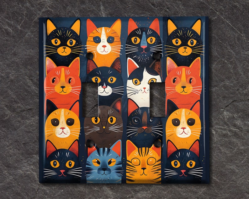 Metal Light Switch Cover, Light Switch Plate, Outlet Cover, Wall Plate, Home Decor Idea, Colorful Cat Design, Cute Cat Decor Idea ANM136 image 1