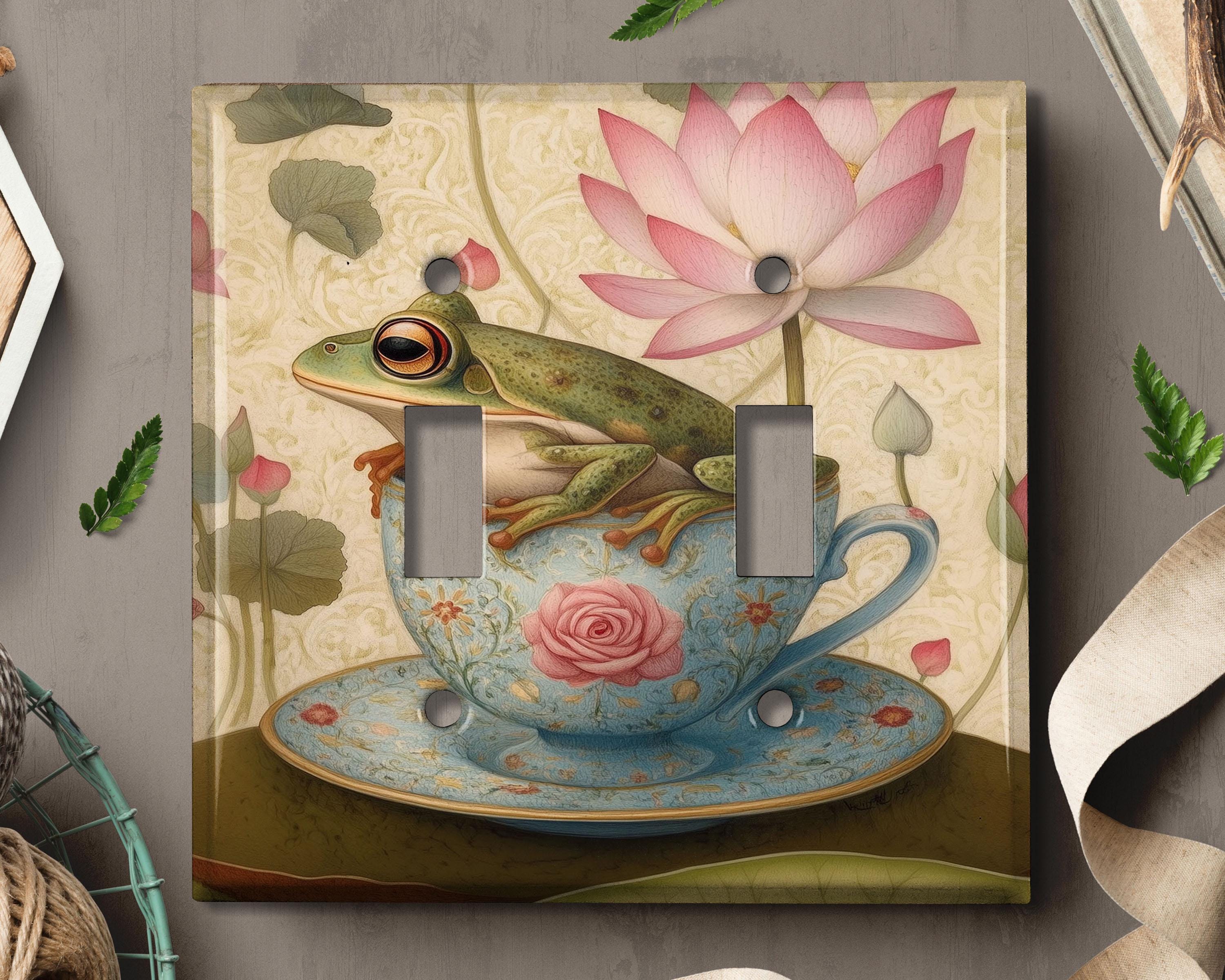 Metal Light Switch Cover | Outlet Plate, Pink Floral Frog Teacup