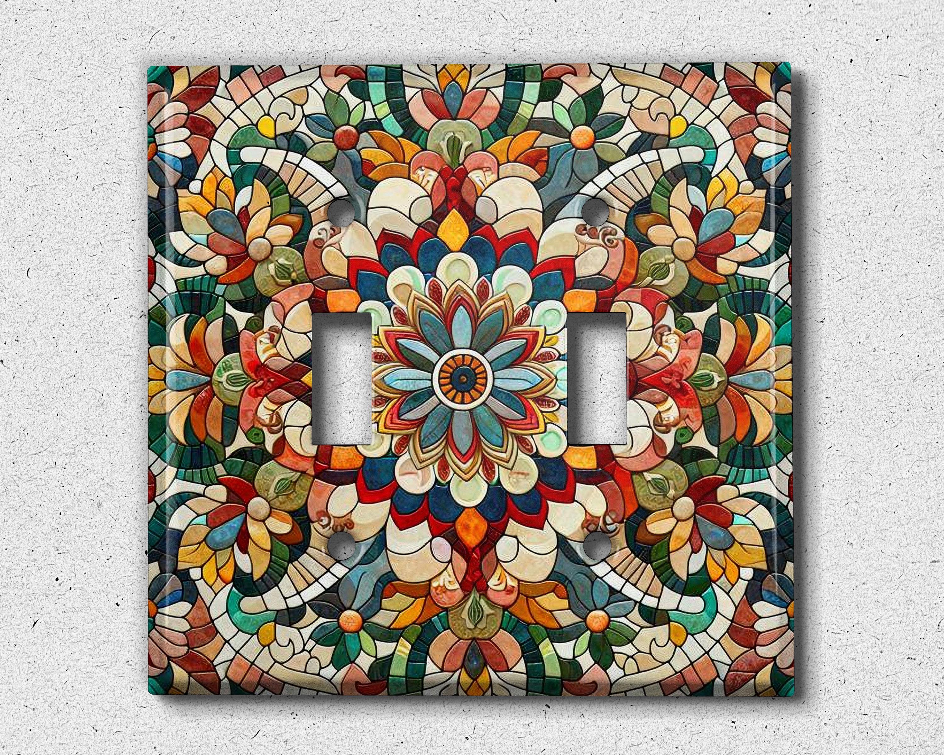 Metal Light Switch Cover | Light Switch Plate, Outlet Cover, Wall Plate, Home Decor, Colorful Floral Tile Design, Flower Pattern, TIL250