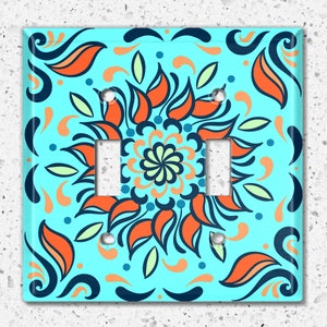 Metal Light Switch Cover, Light Switch Plate, Outlet Cover, Wall Plate Home Decor, Chic Room Decor, Teal Orange Leaf Tile Pattern TIL003