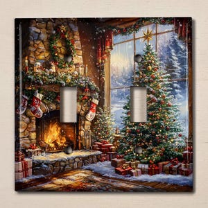 May include: A Christmas-themed light switch cover featuring a fireplace with a roaring fire, a decorated Christmas tree, and a snowy winter scene.