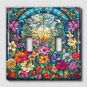 Metal Light Switch Cover | Light Switch Plate, Outlet Cover, Wall Plate, Home Decor Idea, Vibrant Floral Art, Image of Stained Glass, GLA033
