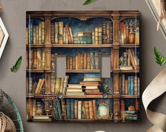 Metal Light Switch Cover | Light Switch Plate, Outlet Cover, Wall Plate, Home Decor Idea, Book Worm Decor, Library Book Shelf Design RSK002