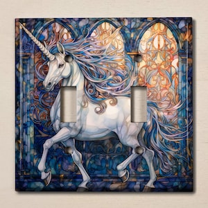 May include: A white unicorn with a blue mane and tail runs through a stained glass window. The window is made of blue, purple, and gold glass. The unicorn is a mythical creature that is often associated with purity, grace, and magic.