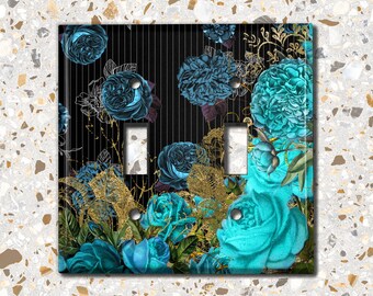 Metal Light Switch Cover | Light Switch Plate, Outlet Cover, Wall Plate Home Decor, Elegant Teal Floral Pinstripe Damask FLW082