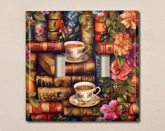 May include: A double light switch cover featuring a vintage illustration of stacked books, flowers, and teacups. The design is in shades of brown, red, and green.