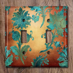 Metal Light Switch Cover, Light Switch Plate, Wall Plate Home Decor, Flower Patina Copper Print, Image of Copper, MET025