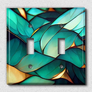 Metal Light Switch Cover | Light Switch Plate, Outlet Cover, Wall Plate, Elegant Turquoise Scale Pattern, Image of Stained Glass, GLA071