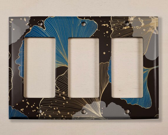 Elegant Gold & Blue Light Switch Cover Plate – Single Rocker, Polycarbonate With Artistic Motif, Fits Standard Outlets