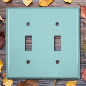 May include: A light blue double toggle light switch plate cover. The plate has two rectangular cutouts for the switches and two round cutouts for the screws.