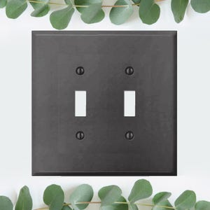 May include: A black metal double toggle light switch plate with two white toggle switches and four black screws.