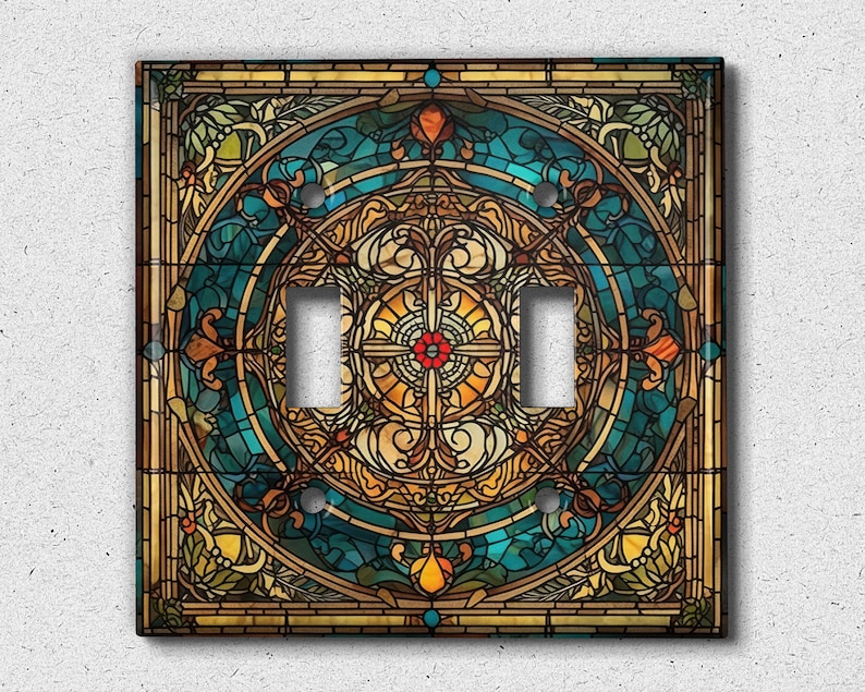 May include: A decorative light switch cover featuring a stained glass design with intricate patterns in shades of blue, gold, and red.